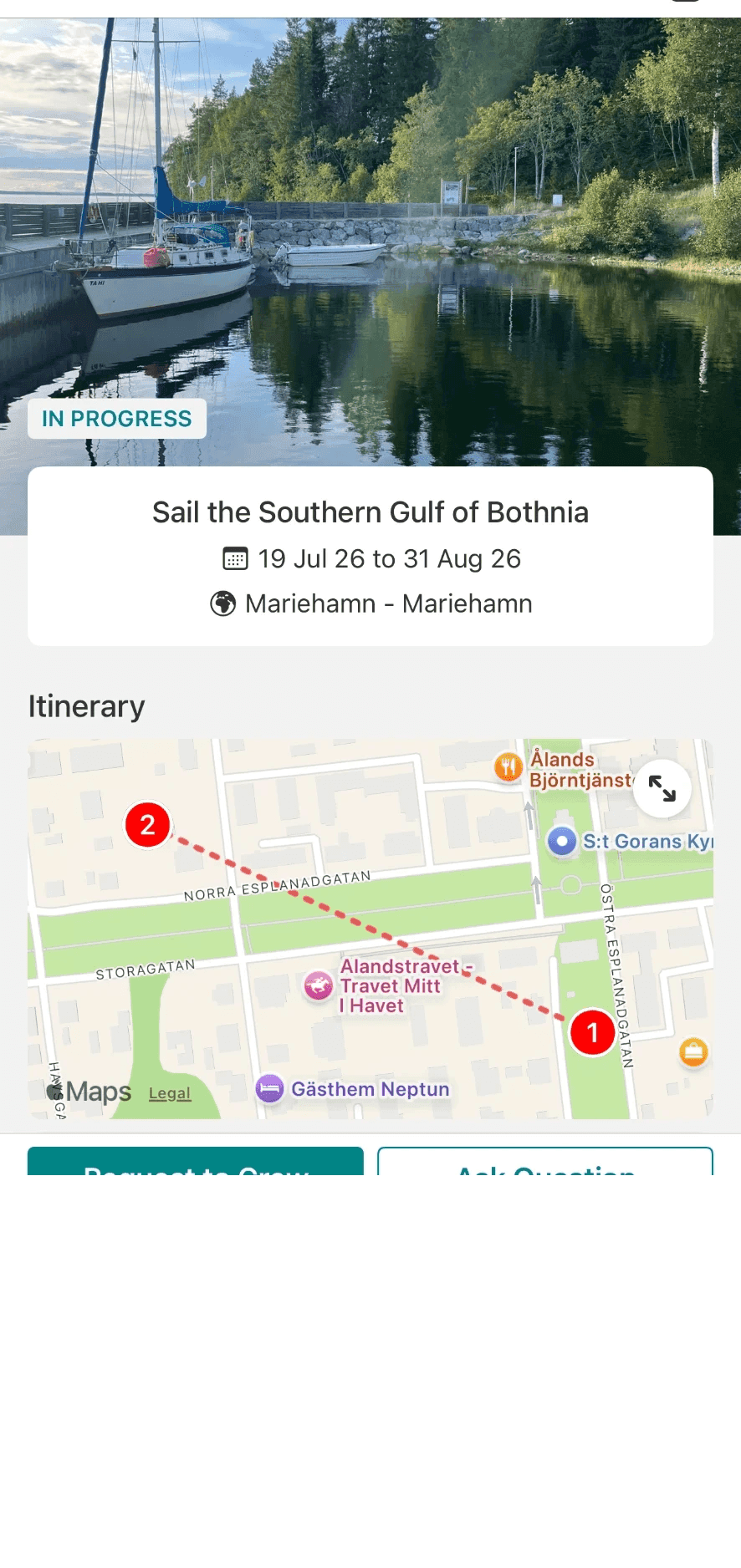 The SailTies app showing the trip “Sail the Southern Gulf of Bothnia”, 19 Jul to 31 Aug 26, Mariehamn to Mariehamn, marked in progress, with its itinerary plotted on the map.
