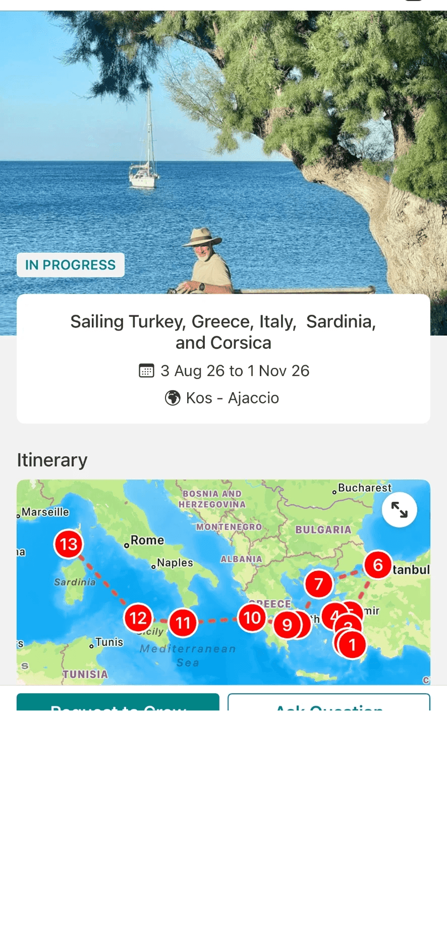The SailTies app showing the trip “Sailing Turkey, Greece, Italy, Sardinia and Corsica”, 3 Aug to 1 Nov 26, Kos to Ajaccio, marked in progress, with its itinerary plotted across the Mediterranean.