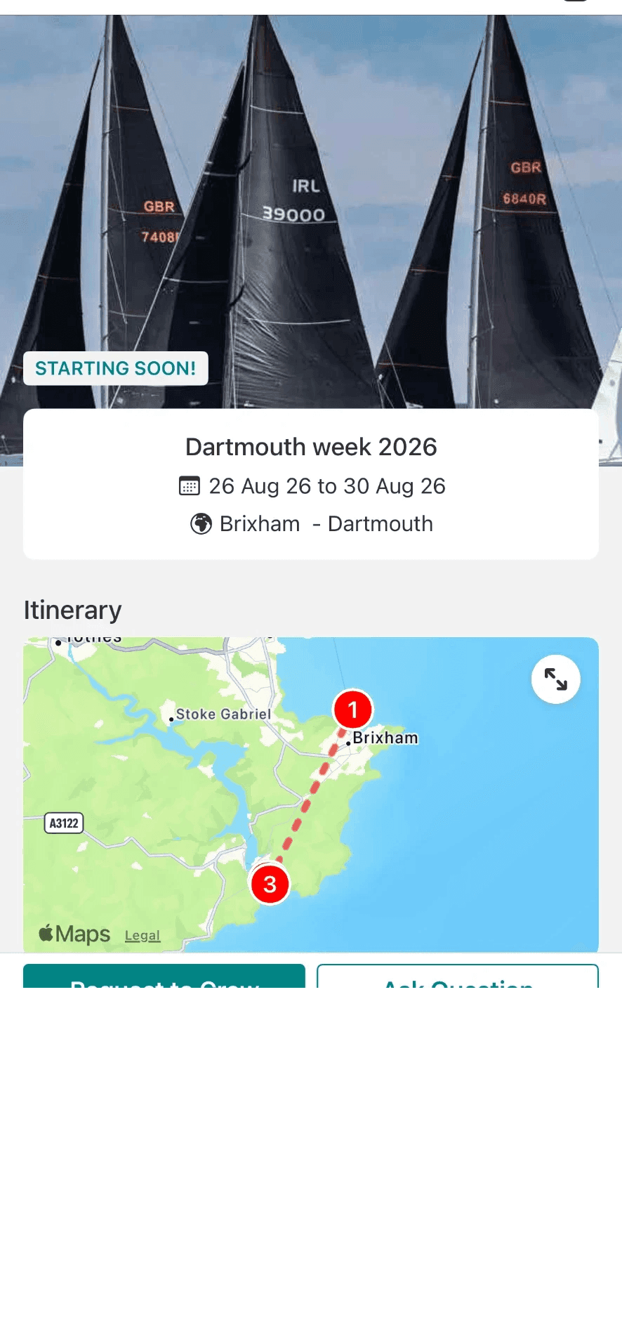 The SailTies app showing the trip “Dartmouth week 2026”, 26 to 30 Aug 26, Brixham to Dartmouth, marked starting soon, with its itinerary plotted along the Devon coast.
