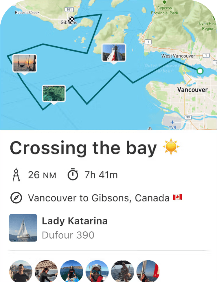 A saved SailTies voyage called Crossing the bay: the track from Vancouver to Gibsons with photos pinned along it, 26 nautical miles in 7 hours 41 minutes aboard Lady Katarina.