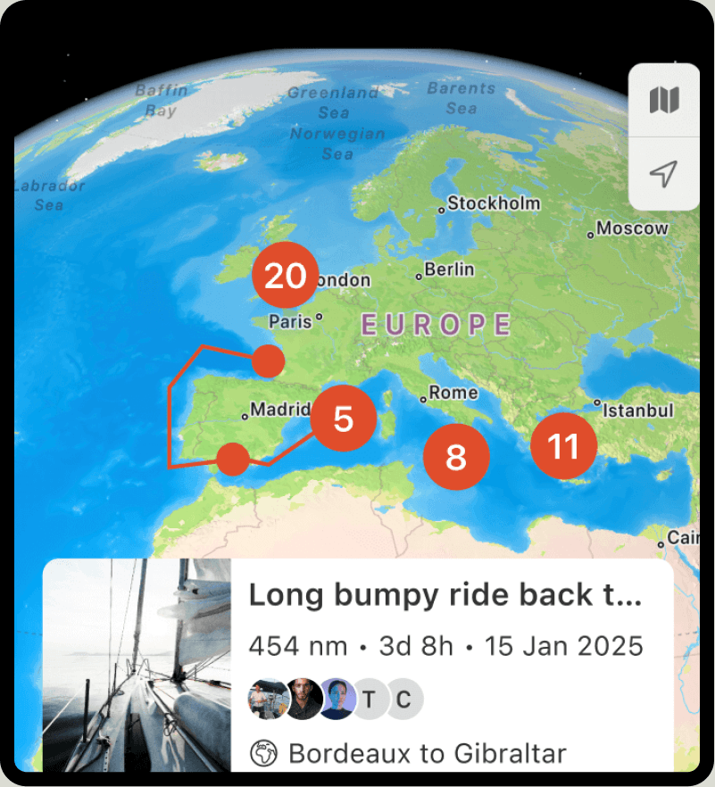 SailTies 3D globe screen showing voyage counts across Europe and a Bordeaux to Gibraltar voyage card