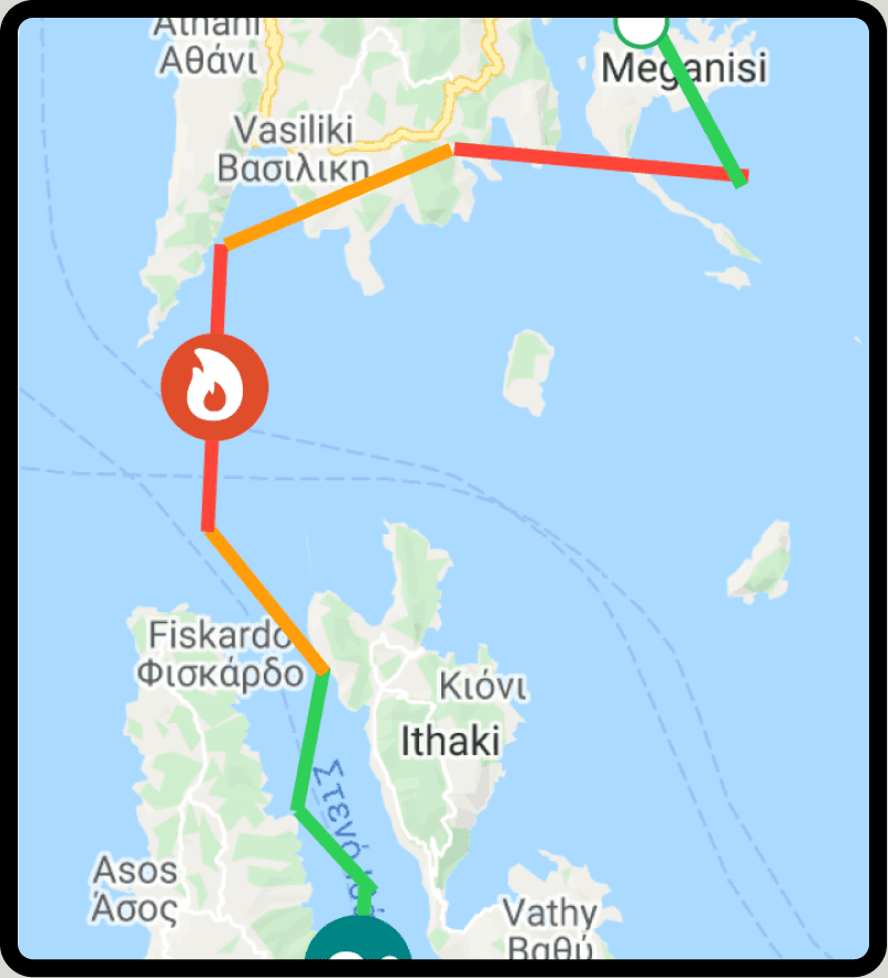 SailTies voyage track coloured green to red by boat speed, with a top-speed record marker